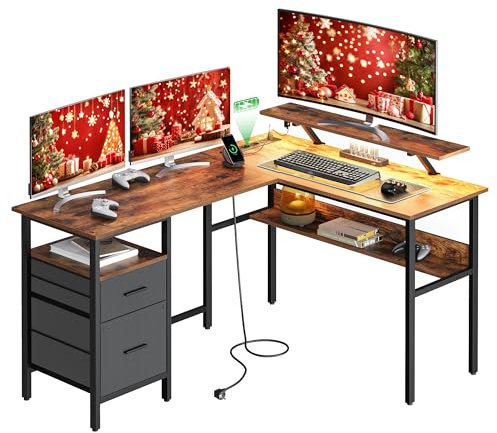 VASAGLE L-förmiger Schreibtisch mit Steckdosen, Eckschreibtisch, Computertisch, Monitorständer, Gaming-Tisch, LED-Beleuchtung, USB-Anschlüsse, 150 x 120 x 76 cm, Homeoffice, vintagebraun LWD095K01