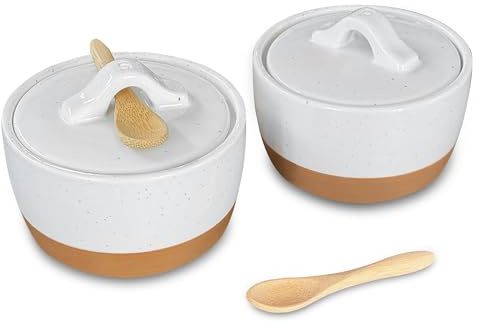 Mora Ceramic Salt and Pepper Cellar Set with Lid - 10 oz Modern Canister/Container/Bowl for Storage, Sea Salt, Spice, Sugar, Countertop - Small Dish/Jar with Wood Spoon, White Crock