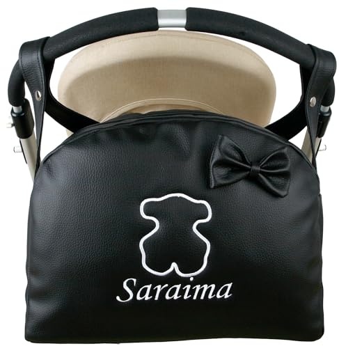 MODIN Bolso Carro Bebe Polipiel Personalizado con Oso Bordado Bolsa Maternidad Bolso Hospital Bebé con asa larga para colgar (NEGRO)