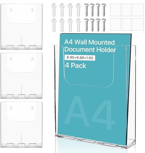 Akamino Dokumentenhalter zur Wandmontage, A4, Acryl, A4, Hochformat, Wandmontage, Menüprospekthalter, Broschürenspender, Zeitschriftenaufbewahrung für Büro, Restaurants, Empfänge, 22,5 x 4,2 x 25,1