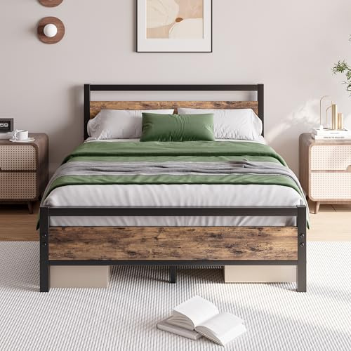 JELUTE Double Bed Frame with Wooden Headboard 135 x 190 cm, Brown | Heavy Duty Steel Support, No Box Spring Needed, Noise Free,Easy Assembly