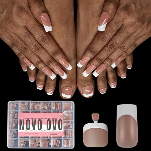 NOVO OVO French Tip Nagelspitzen zum Aufdrücken, BROWN PINK Square Nagelverlängerung, Quadratische runde Zehennägel, Vorgeschichteter Tip Primer für Base Coat, Vollabdeckung für DIY x 15 Größen