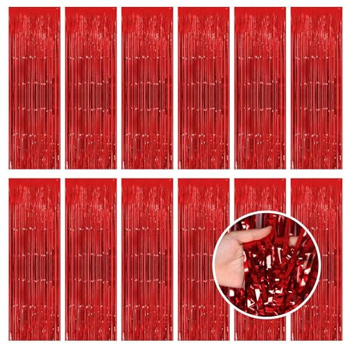 Lametta Vorhänge Hintergrund Rot, 12 Stück Glitzer Folie Fransen Luftschlangen Funkeln Vorhängen Dekoration Foto Hintergrund für Geburtstag Weihnachten Neujahr Hochzeit Disco Party, 1x2.5m