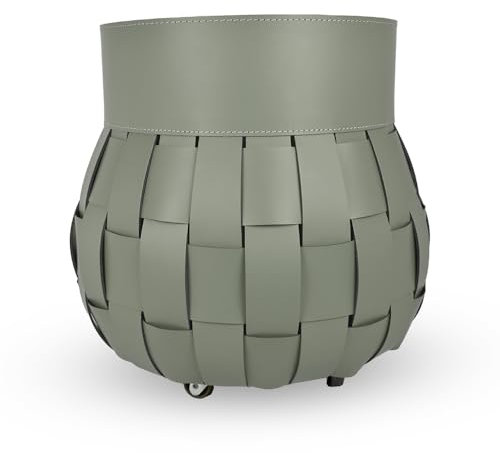 LIMAC Design TRECCIO Fireplace Log Holder Artisanally Woven Leather, Indoor Log Bag, Firewood Basket with Rubber Wheels, Leather Wood Storage Log Bin, Made in Italy. (Dove Grey)