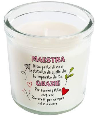 Grazie Maestra Candela profumata in vetro Vaniglia/beige chiaro 40h con Stampa personalizzata per Maestre Idea regalo Natale fine anno scolastico Scuola Insegnanti Asilo Elementari