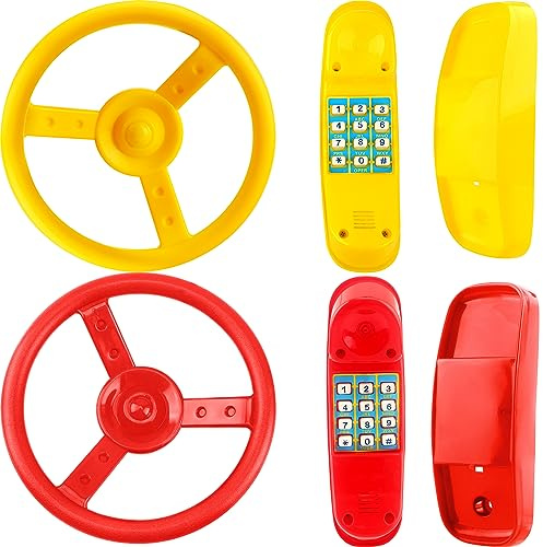 4 Pack Kids Swing Set Accessories Playground Steering Wheel Plastic Telephone Toys for Outdoor Treehouse Backyard Playground (Color Set 2)