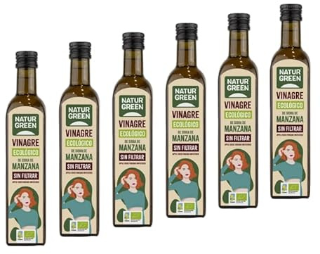 NaturGreen - Vinagre de Sidra de Manzana Bio, Sin Filtrar, Producto Ecológico, Acidificación Natural, Acidez 5% - Pack 6 Unidades de 500 ml