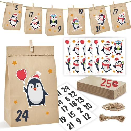 Adventskalender zum Befüllen 2025 mit 24 Pinguine Geschenktüten, Zahlenaufkleber und Holzklammern - zum Basteln und Verschenken - DIY Geschenk für Kinder Frauen und Männer - Weihnachten