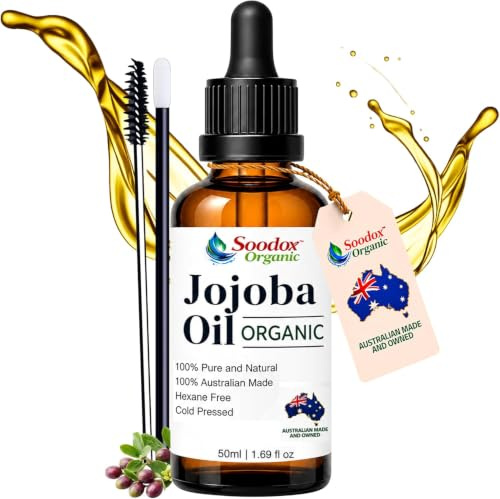 Soodox Organic Jojoba Oil 50ml with Scalp Applicator – 100% Pure Cold Pressed Hair & Scalp Oil, Natural Carrier Oil for Face, Skin & Cuticle Care, Glass Bottle Dropper, Australian Made