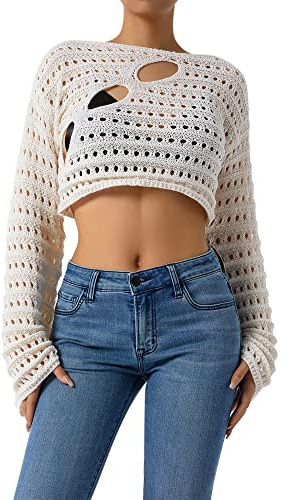 LYSINK Women Y2k Hollow Out Crochet Cover-Up Long Sleeve Solid Color Knit Crop Tops Fall Loose Pullover Sweater (A-a-Beige, M)