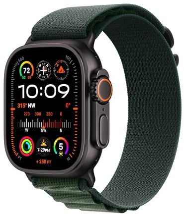 Apple Watch Ultra 2 GPS + Cellular 49 mm Smart sportklocka med robust svart titanboett och Alpine Loop i mörkgrön - L. Träningsmätare, precisions-gps, extra lång batteritid, koldioxidneutral