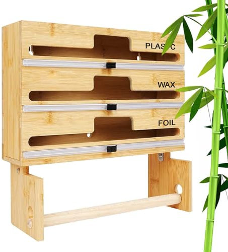 ITETONE Cling Film Dispenser and Cutter,Refillable Bamboo Tin Foil Dispenser 4-in-1 Wall-Mounted Kitchen Roll Holder,Storage Organizer for Aluminum Foil Cling Film Parchment Paper,Fits 12 Roll