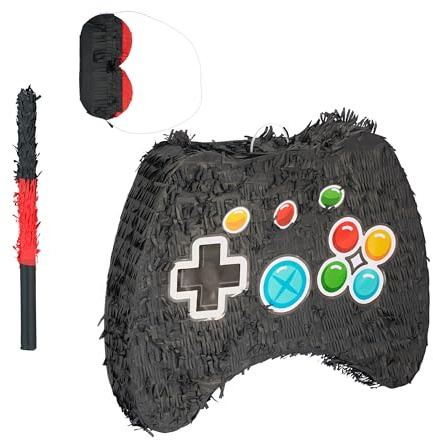 Relaxdays Pinata Set, 3-TLG., Controller, zum Aufhängen, Kinder, Mädchen und Jungs, mit Stab & Maske, unbefüllt, bunt