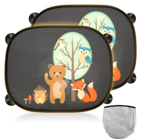 2 Piezas Parasol Coche bebé con protección UV 45 x 35.5 cm con Ventosa, Parasoles Coche Bebé con 8 Ventosa, Coche para Niños Ventana Lateral Parasol Película Bosque Animales (Árbol de Animales)