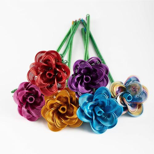 ZffXH Confezione da 6 bouquet di rose artificiali colorate metalliche, piccoli fiori artificiali in filo di alluminio, rose in metallo durevoli per giardino, cimitero, festa della mamma, Natale, San