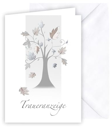 KE - Traditionelles Trauerkarten Set (5 Stück) | Ansprechende Traueranzeigen | Ohne Innentext | Inklusive Umschläge | Motiv: Baum