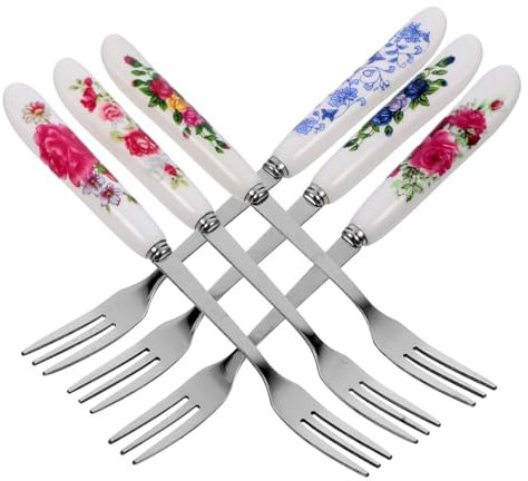 BESTYASH 6pièces Fourchette à Fruits Résistante à Usure Avec Manche Céramique Fourchette à Gâteau Délicate Acier Inoxydable Petite Multifonction Pour Dessert