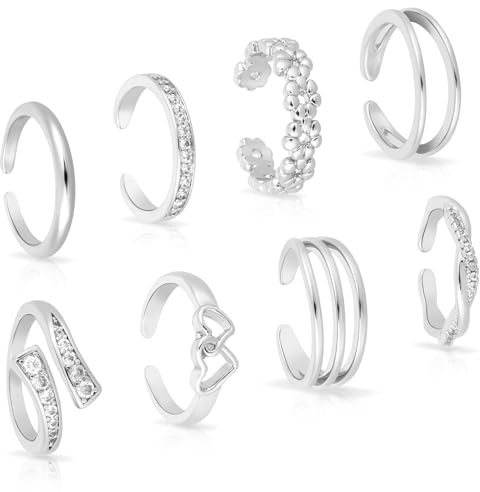 Mikovivi 8 Uds Anillos Dedo del Pie para Mujer, Anillos Ajustables Cobre Dedo del Pie en 8 Estilos Elegantes Decoración Pies Joyería de Playa para Mujer Accesorio de Verano (Plata)