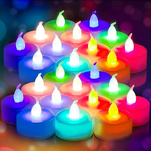 24 velas de té LED de colores: coloridas velas de té, mini luz subacuática sin llama, velas de té eléctricas parpadeantes para Navidad, cumpleaños y decoraciones de Halloween