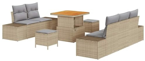 vidaXL Garten-Sofa-Set mit Kissen 8 pcs Beige Poly Rattan, Garten und Terrasse, modernes, leichtes Möbelset für draußen, wetterfester Rattan-Sofa, höhenverstellbarer Tisch