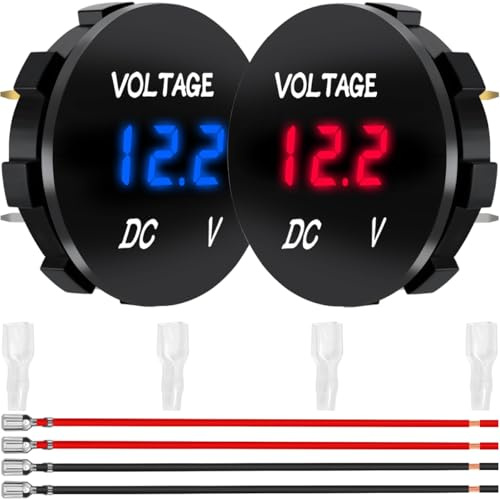 MKBKLLJY 2PCS Battery Voltage Meter DC 12V 24V Digital LED Voltmeter Panel Waterproof Mini Battery Monitor Indicator Round Display with 6.3mm Terminal wire for Car Boat Motorcycle Truck (Red Blue)