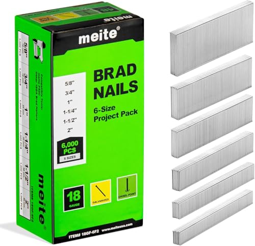 meite Clous de Finition Brad Galvanisés Type 18G, Lot Assorti de 6 000 Pièces en 6 Tailles (16mm, 19mm, 25mm, 32mm, 38mm and 50mm), Clou pour Cloueuse 18G, Pour Menuiserie et Travaux de Finition