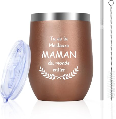 OZOSHINE Idee Cadeau Maman Original Cadeau Fête Des Mères Anniversaire Femme Cadeaux Mere Fille Mère Belle Mere Parent Famille Maison 355ml Tasse à Café En Acier Verre a Vin Avec Paille Paques