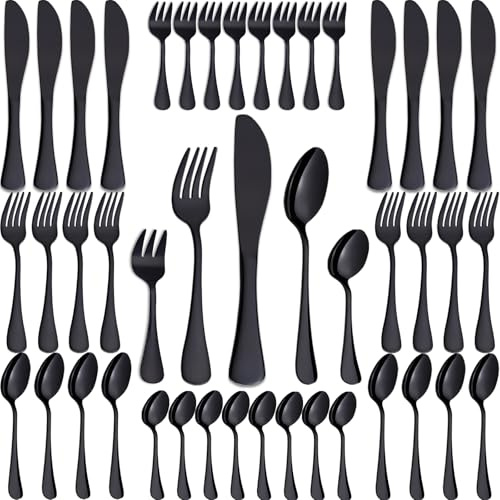 Joeczo 40-teiliges Besteckset Schwarz, Edelstahl-Besteck Set 8 Personen (8 Gabeln, 8 Messer, 8 Esslöffel, 8 Teelöffel, 8 Kuchengabeln) - Spülmaschinenfest