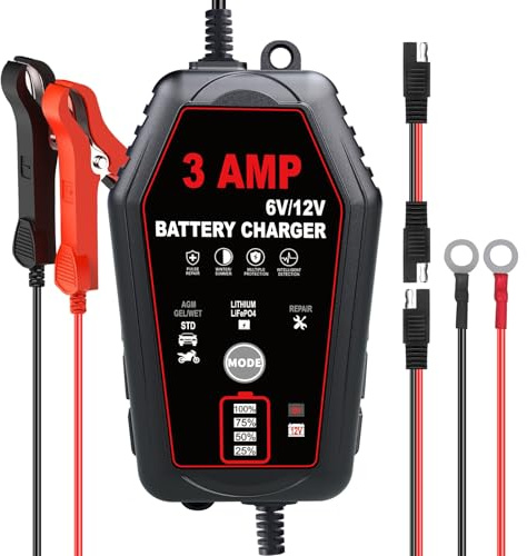 Chargeur de batterie automobile Haisito 3A avec chargeurs intelligents 6V/12V pour recharger les batteries au plomb et au phosphate de fer pour les motos, bateaux, caravanes, voitures.