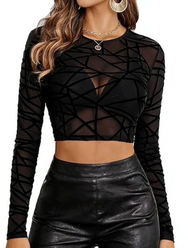UJBVCX Maglietta Trasparente Donna Mesh Top Sexy Maniche Lunghe Maglia in Rete Camicetta Elegante Tulle Corti da Slim Fit T-Shirt per Clubwear Party S