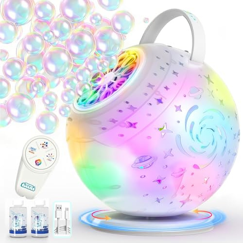Tecnock Máquina de Burbujas Recargable con Mando a Distancia, Rotación 90°/360°, 20000+ Burbujas/Min, Luces LED de 7 Colores, Batería 1200 mAh, 45 Min de Autonomía, USB-C, para Niños, Fiestas y Bodas