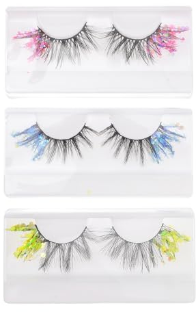 SEWACC Lot de 3 Paires de Faux Cils Fluorescents Colorés T-1 T-2 T-3 à Paillettes 3d pour Cosplay et Maquillage de Soirée, Extensions Cils Pailletées pour Halloween, Bal, Club, Yeux