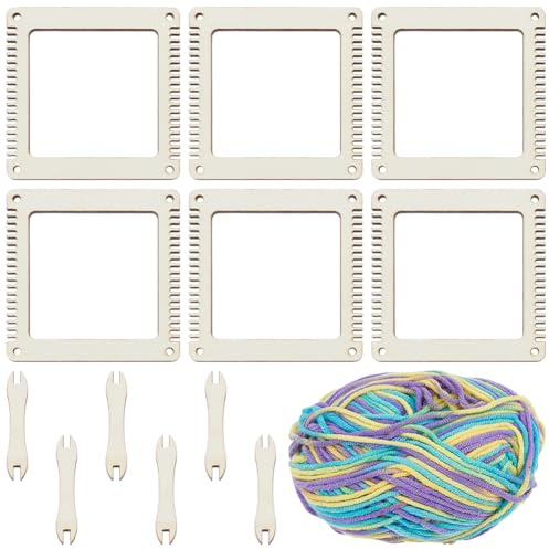 WEBEEDY 6 Kits de Métier à Tisser en Bois pour Adultes Débutants, 6 Petits Métiers à Tisser Carrés DIY avec 6 Navettes pour Projets de Tricot à la Maison Création d'art de Tissage Décor, 7.6x7.6cm