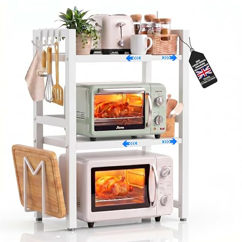 Kiseely Expandable Microwave Shelf, Shelf Stand Extendable for Kitchen Countertop, Oven Rack with 6 Hooks, Kitchen Countertop Organiser Shelves, Bakers Rack (White QT3, 3-Tier)