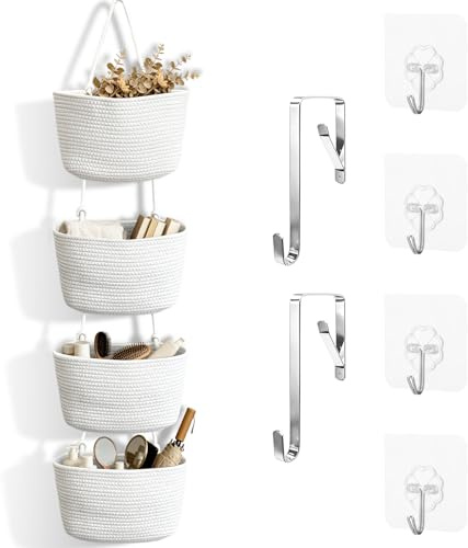 SPOKKI Tür Organizer hängend 4-stöckig, Weiß | Hängekorb aus Baumwollseil, Mit 4 Haken ohne Bohren, 2 verstellbare Cliphaken, Für Küche, Bad, Schlafzimmer
