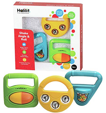 Halilit Musical Baby Shapes Musical Instrument Gift Set. Shaker Maraca, Ring my Bell and Rattle Roller. 3 Brightly Coloured, Durable, Sensory Music Toys. Suitable infants Boys & Girls 3 Months +