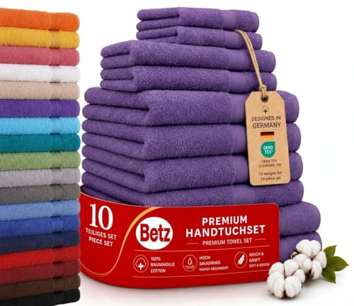 Betz Premium Classic Frottier Handtuch-Set 10-teilig - 2X Liegetücher - 4X Handtücher - 2X Gästetücher - 2X Seiftücher - lila