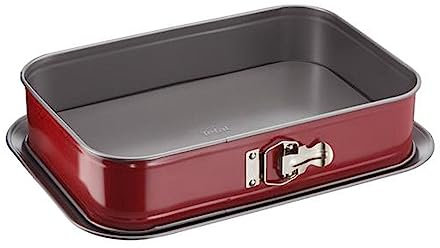 Tefal Delibake J16405 Molde tarta rectangular 36x24 cm, forma rectangular desmontable y con gran fondo, revestimiento antiadherente, fácil desmonte, de acero al carbono, con grosor 3/10, rojo