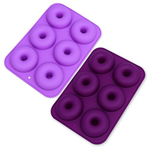 Lot de 2 moules à donuts anti-adhésifs en silicone à 6 emplacements pour gâteaux, biscuits, bagels, muffins (violet foncé et violet clair)