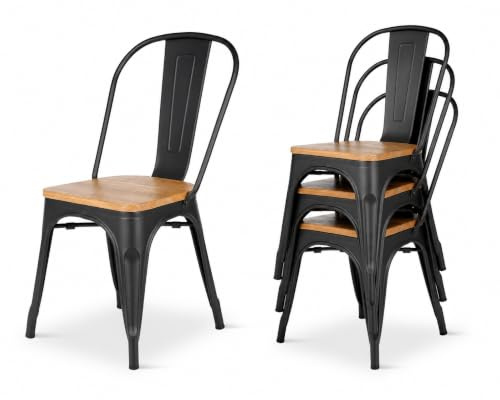 Kosmi - Set di 4 sedie in metallo nero e legno chiaro naturale, stile industriale