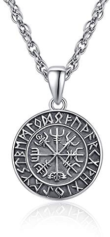 KINGWHYTE 925er Silber-Halskette mit Wikinger-Vegvisir-Kompass für Herren