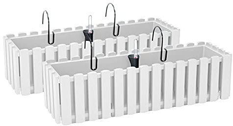 PAFEN 2X Blumenkasten Blumentopf mit Halterungen – 58 x 18 x 16,2 cm - Pflanztopf Bewässerungssystem Balkonkasten Pflanzkästen, Weiß