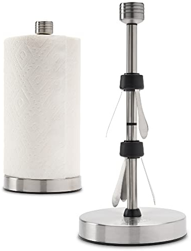 Heavy-Duty Stainless Steel Paper Towel Holder - Easy One-Handed Tear with Suction Cups - Modern Weighted Standing Countertop Dispenser for Kitchen - Holds All Paper Towel Rolls, Silver