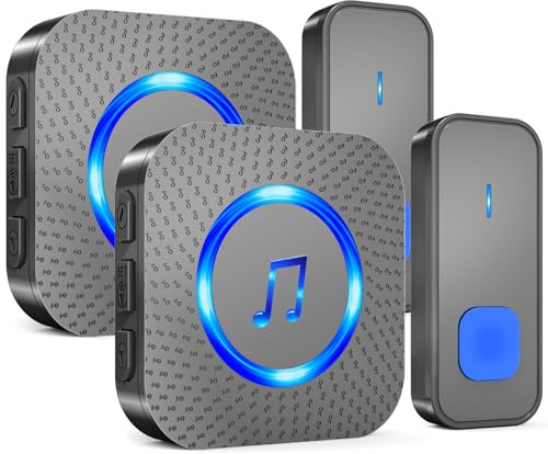 SURFOU Wireless Doorbell with 2 receivers 2 Buttons,IP55 Waterproof Doorbell,1300 FT/400M Remote Doorbell,55 Chimes 5 Volume,Colorful LED Flashing,110 db Loud Volume,For Home/Classroom