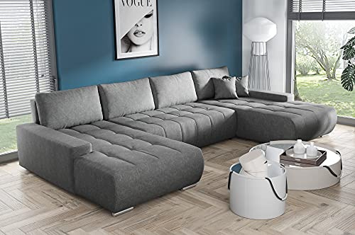 Tendencio BELUTI - Canapé d'angle panoramique en U Convertible. Tissu Design. Lit + Coffre de Rangement (Gris foncé)