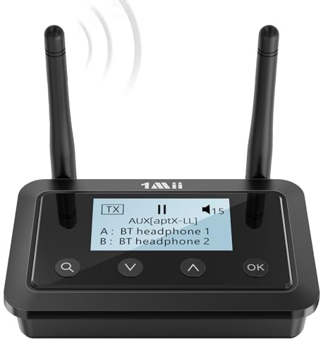 1Mii B03+ Transmisor Receptor Bluetooth para TV y Equipo HiFi, Adaptador Bluetooth 5.3 Largo Alcance para Audio TV con Pantalla, aptX Low Latency & HD & Adaptive, Entradas/Salidas Óptica RCA AUX 3,5mm