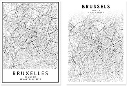 Belgien Stadtplan Brüssel Moderne Poster Leinwand Malerei Wand Kunstdruck Bild Wohnzimmer Schlafzimmer Innen Wohnkultur15,7 x 23,6 (40 x 60 cm) x 2 Kein Rahmen