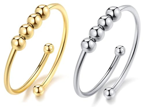 No application 2 Stück Damen Angstring,Angstring mit Perlen,Silber Anxiety Ring,Geeignet für Männer und Frauen zu dekomprimieren und entspannen, um Ängste zu lindern (Gold + Silber)