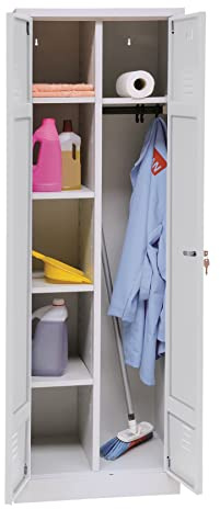 Schrank & Stuhl Mehrzweckschrank | Besenschrank mit Durchgehender Trennwand, Hakenleiste und 7 Fächern 180x60x50, Zylinderschloss, komplett montiert, Grau
