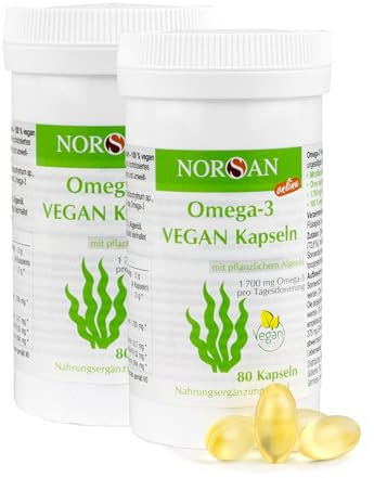NORSAN Premium Omega 3 Vegan Kapseln 2er Pack (2x 80 Stück) - 1.700mg Omega 3 pro Tagesdosis - vegane Algenöl Kapseln mit hohem EPA- & DHA-Anteil - Algenöl aus nachhaltigem Anbau